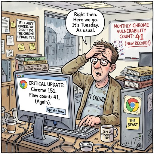 Chrome 151 fixes 41 flaws, here we go.