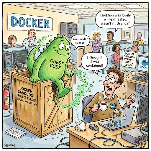 Docker Sandboxes Forget How to Contain. A Docker Sandboxes flaw delightfully allows guest code to wander outside shared project folders on macOS. Isolation was a lovely concept while it lasted.