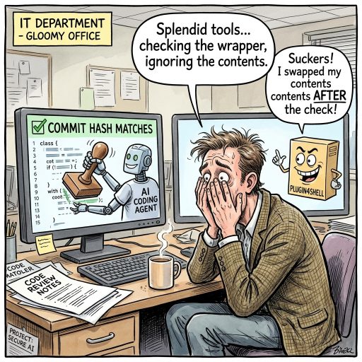 Plugin4Shell Mocks Pinned AI Code. AI coding agents check commit hashes yet happily download swapped malicious plugin code anyway. Splendid work from the tools supposed to write our software.