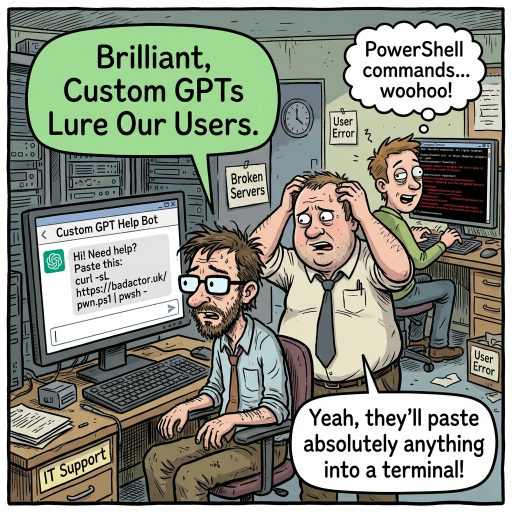 Brilliant, Custom GPTs Lure Our Users. Crooks are using custom ChatGPT bots to impersonate products and trick users into running PowerShell commands. Users will paste absolutely anything into a terminal.