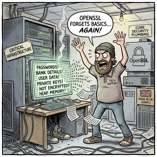 OpenSSL Forgets Encryption Basics Again. OpenSSL is graciously blabbing raw heap memory without any encryption. Truly reassuring performance from core security plumbing.