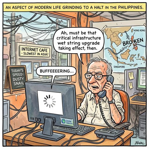 The Submarine Cables Failed Again.. Broken undersea cables to Hong Kong and Singapore have dragged internet connectivity across the Philippines down to a crawl. Modern society truly hangs by literal wet strings.