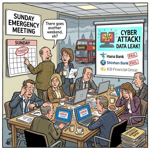 Another Sunday Ruined For Major Banks. Major South Korean banks suffered cyberattacks and personal data leaks, dragging executives into emergency Sunday meetings. There goes everyone's restful weekend.
