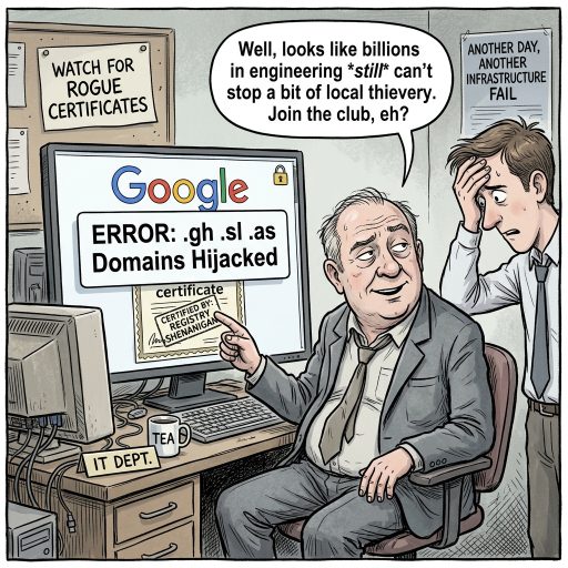 Google domains gifted to ccTLD rogues. Intruders hijacked country-code TLDs and bagged HTTPS certificates for Google domains. Even tech titans cannot escape the DNS circus.